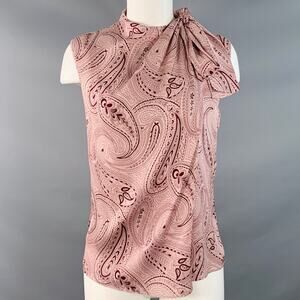 Size S Pink Burgundy Silk Blend Paisley Sleeveless Layered High Neck Casual Top